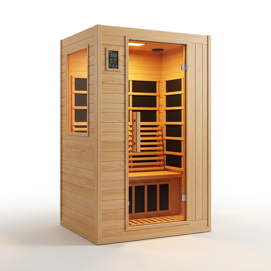 2024 Upgrade 1 to 2 Person Infrared Sauna, Low EMF Infrared Sauna for Home, Indoor Sauna Room, Hemlock Wooden Far Infrared Sauna, Dry Sauna with Bluetooth Speakers, LED Reading and Chromotherapy Lamp — Studio Shot