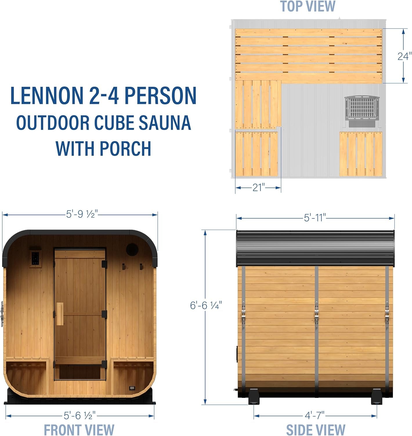 Backyard Discovery Lennon 2-4 Person Traditional Cedar Outdoor Cube Sauna with Porch, Electric Sauna Heater, Sauna Rocks, Dry Heat, Steam Sauna, LED Lights, Wi-Fi Control, Sauna Accessories