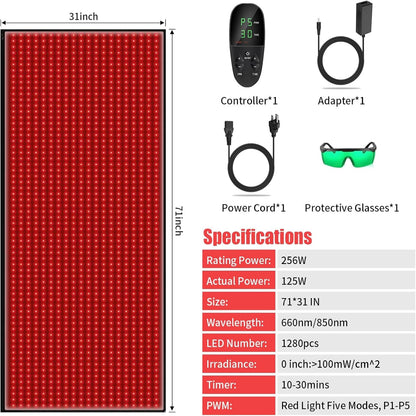 Red Light Therapy Mat for Body Pain Relief,Red Light Therapy Blanket 1280 Leds Red near Infrared 660Nm 850Nm Full Body Pad, 71"X 31" Large Red Light Therapy Pad