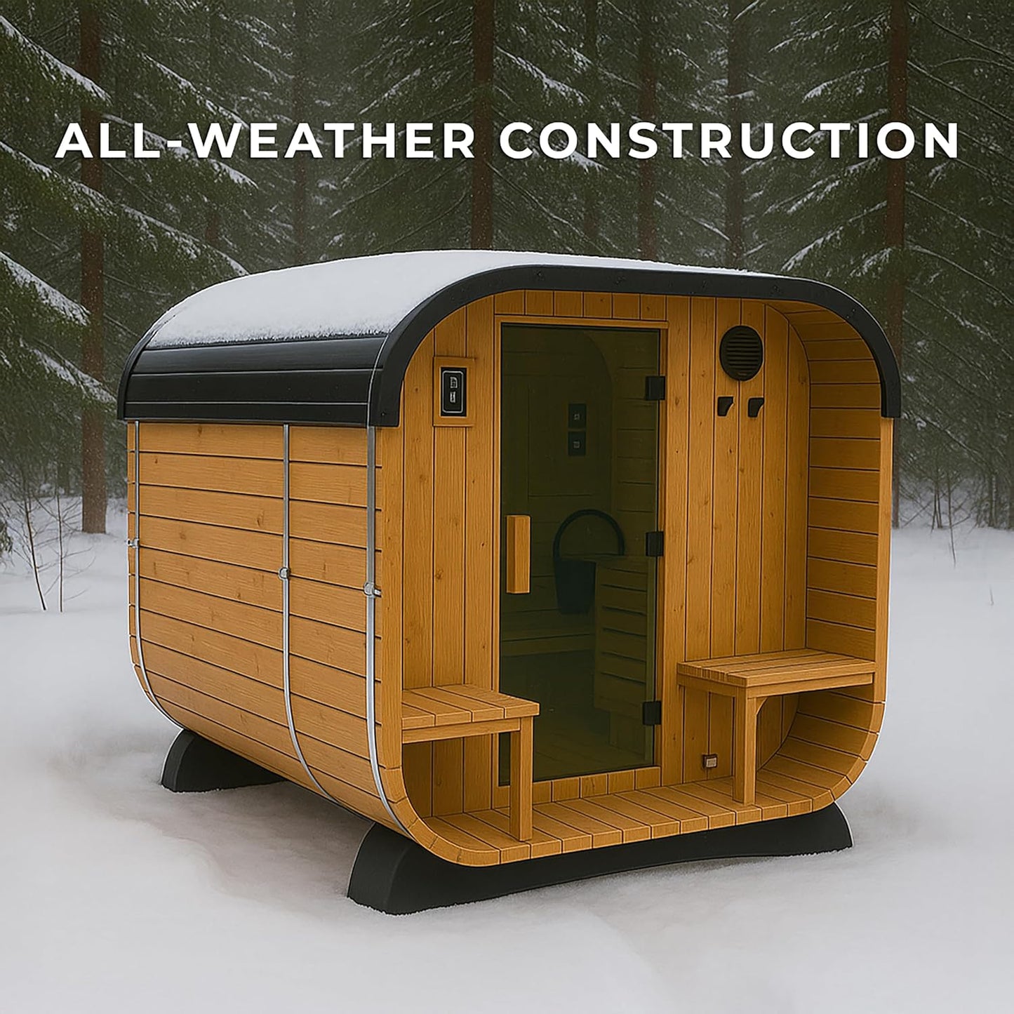 Backyard Discovery Lennon 2-4 Person Traditional Cedar Outdoor Cube Sauna with Porch, Electric Sauna Heater, Sauna Rocks, Dry Heat, Steam Sauna, LED Lights, Wi-Fi Control, Sauna Accessories