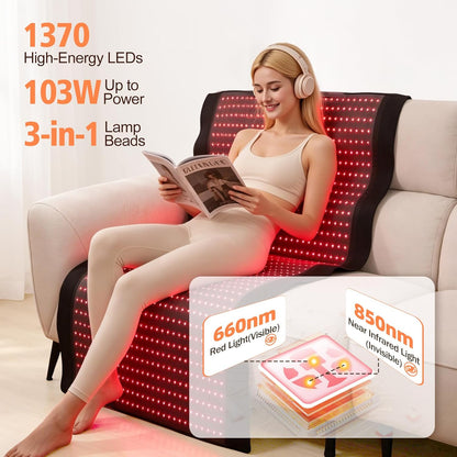 Red Light Therapy Mat for Full Body, 76.8'' X 33.4'' Red Light Therapy Blanket, 1370 (660Nm & 850Nm) Leds for Home Use, 3 Modes & Adjustable Timer, Premium Leather