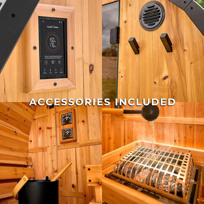Backyard Discovery Lennon 2-4 Person Traditional Cedar Outdoor Cube Sauna with Porch, Electric Sauna Heater, Sauna Rocks, Dry Heat, Steam Sauna, LED Lights, Wi-Fi Control, Sauna Accessories