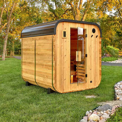 Lennon 6-Person Outdoor Cedar Traditional Wet/Dry Cube Sauna with 9Kw Electric Heater, Wi-Fi Control, LED Lights