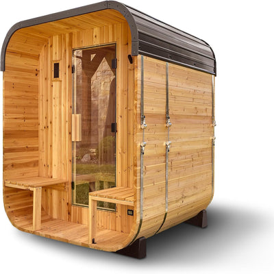 Backyard Discovery Lennon 2-4 Person Traditional Cedar Outdoor Cube Sauna with Porch, Electric Sauna Heater, Sauna Rocks, Dry Heat, Steam Sauna, LED Lights, Wi-Fi Control, Sauna Accessories